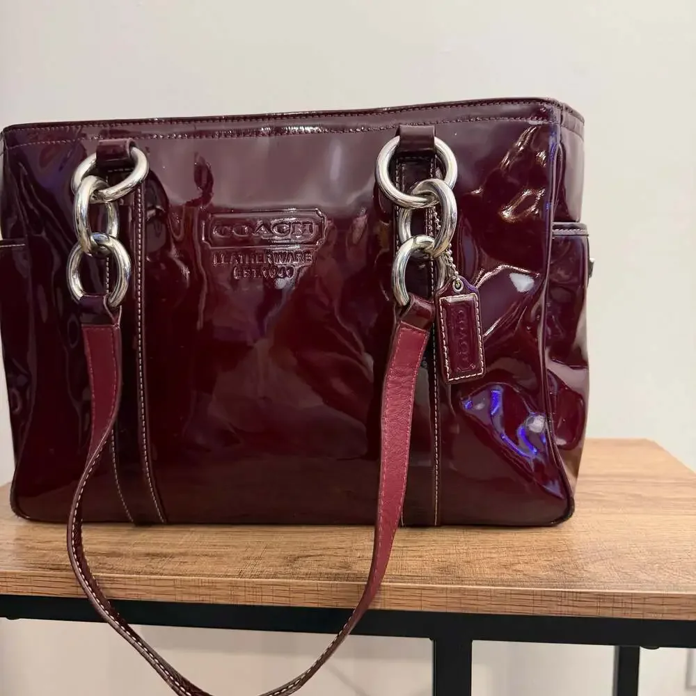 Coach Burgundy Patent Leather Tote Bag with Turnlock Pockets